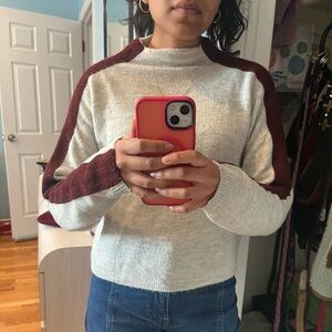 Silence + Noise Light Gray and Burgundy Mock Neck Sweater
